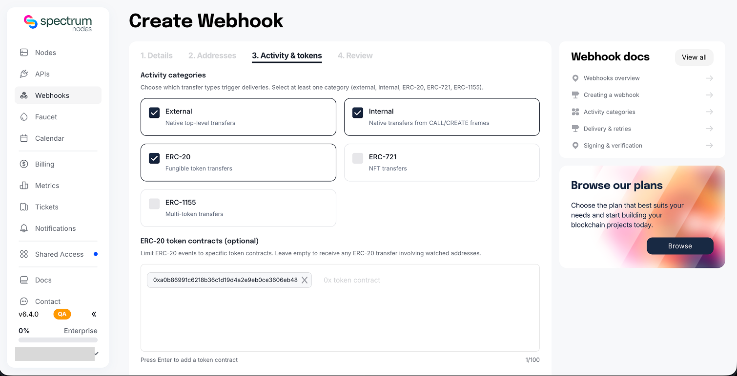 Create Webhook, Activity and tokens step