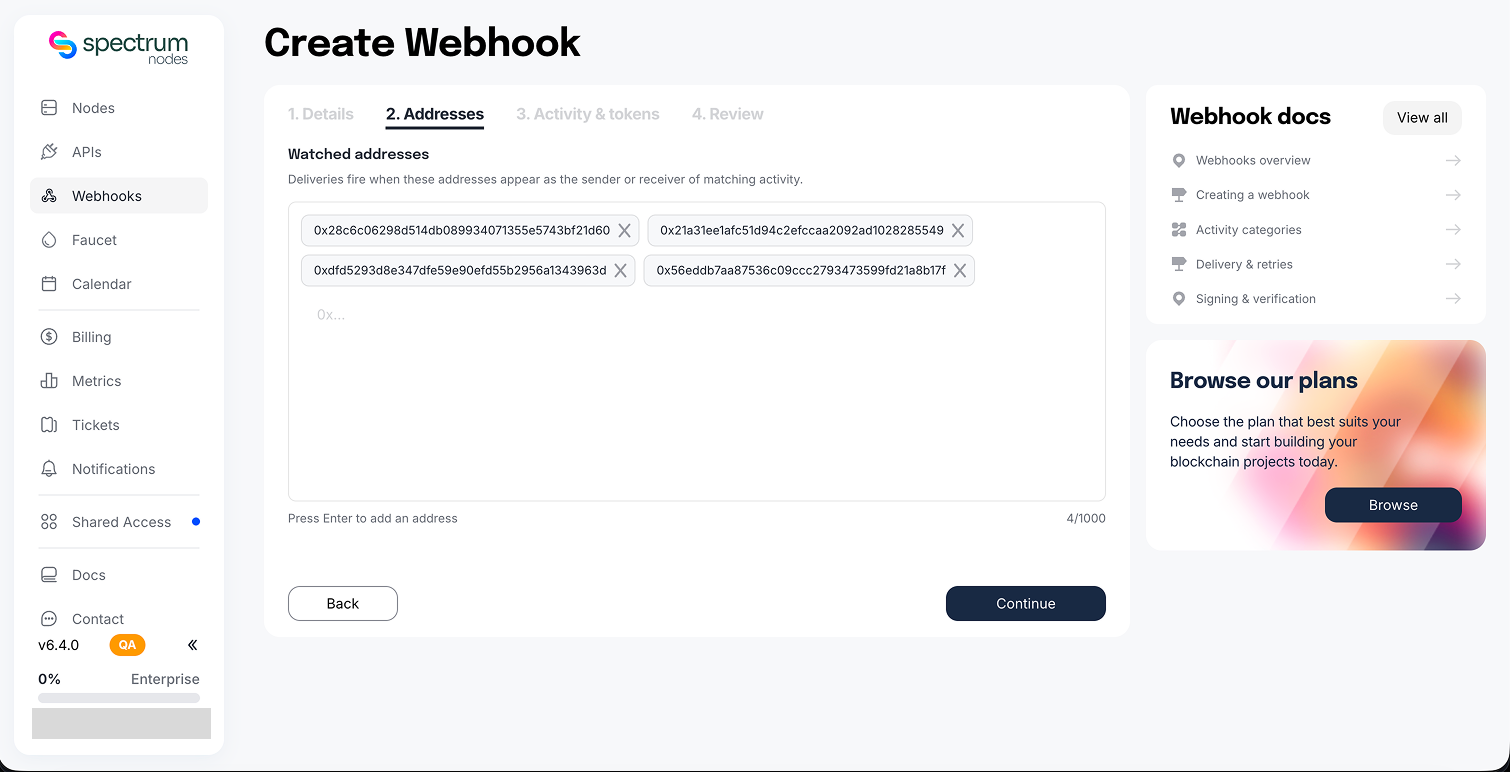 Create Webhook, Addresses step