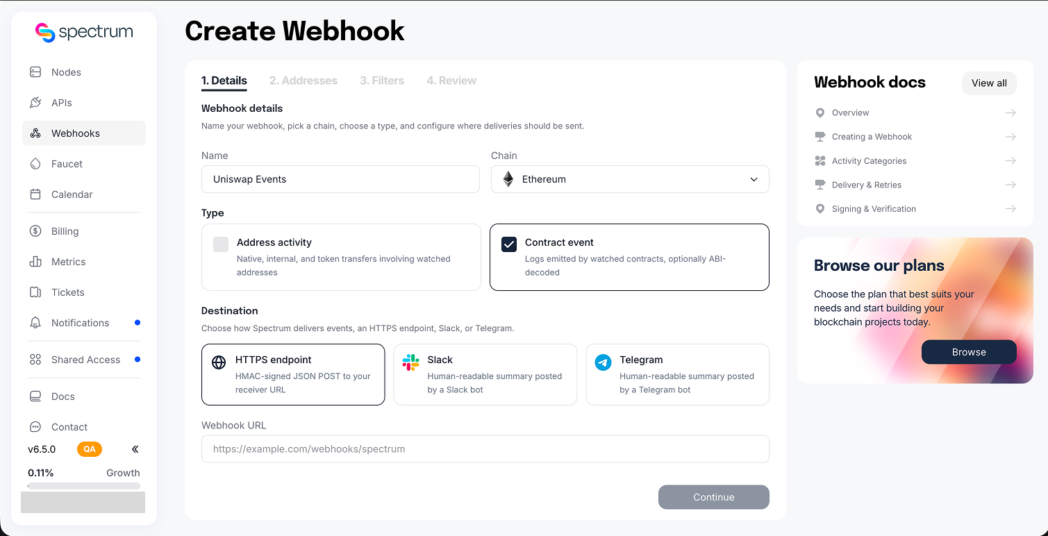 Create a Contract Events webhook and choose a destination