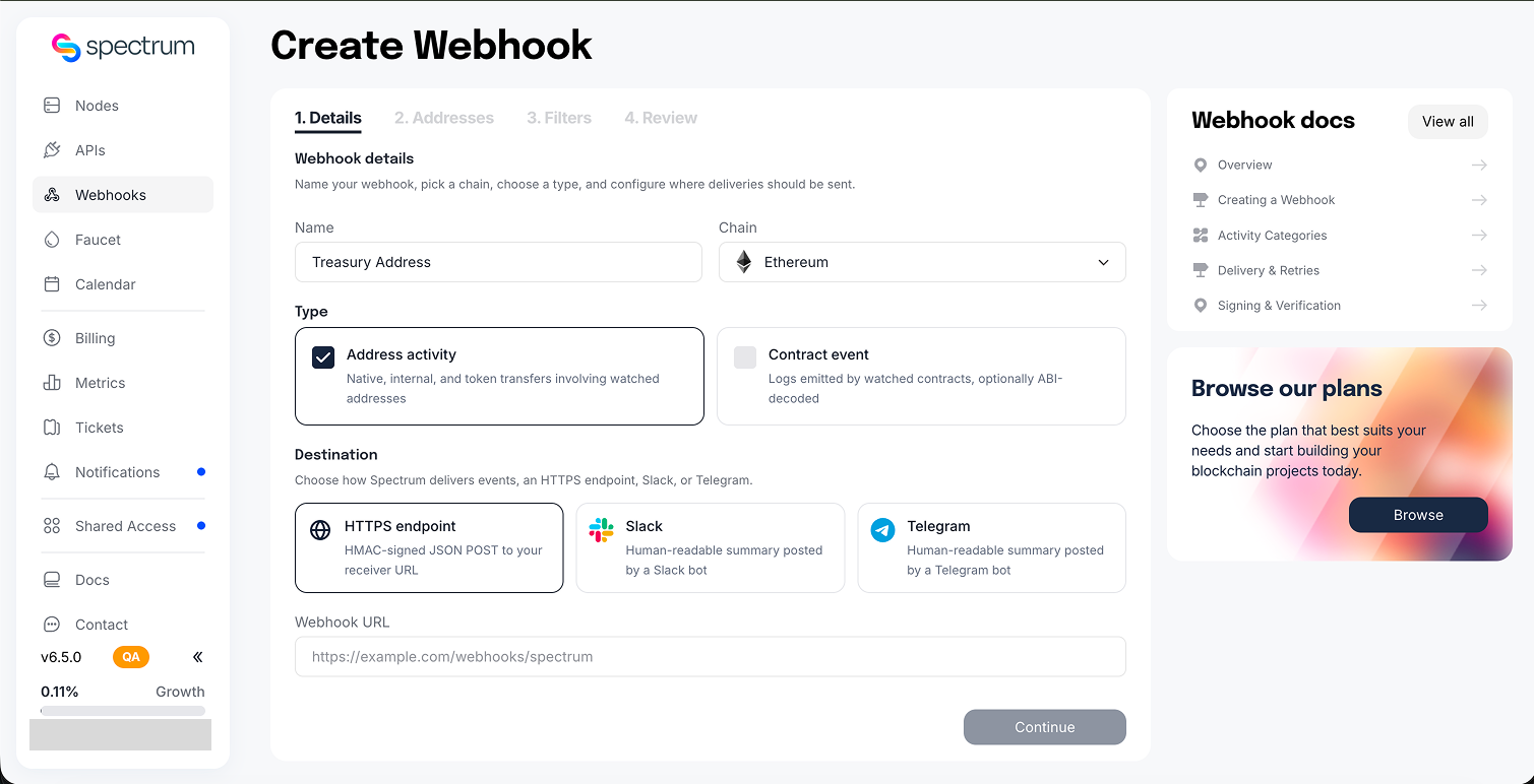 Create an Address Activity webhook and choose a destination
