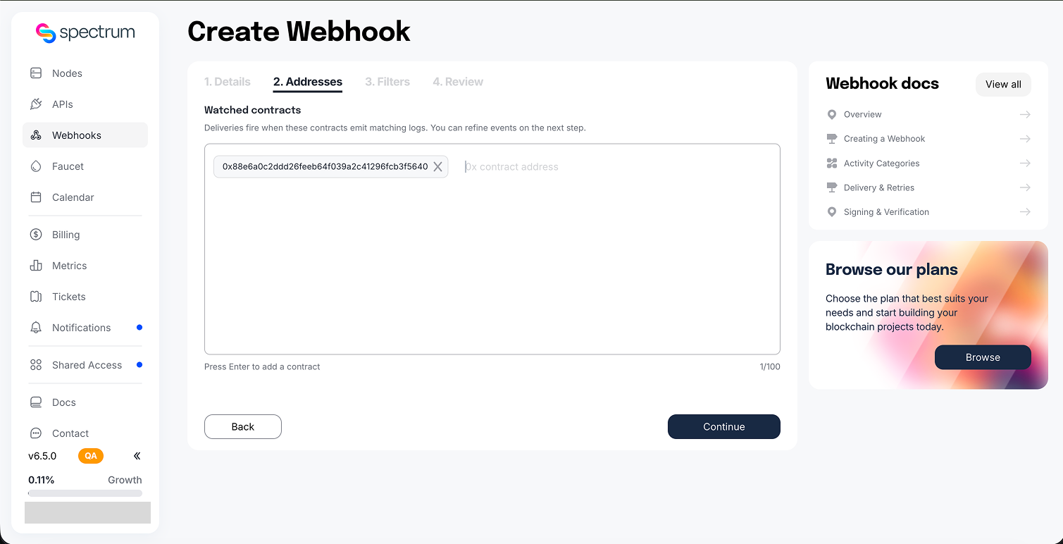 Add the contract address for a Contract Events webhook