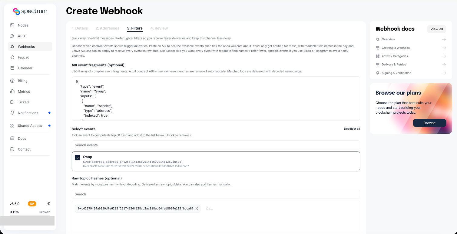 Provide an ABI, select decoded events, and add raw topic hashes