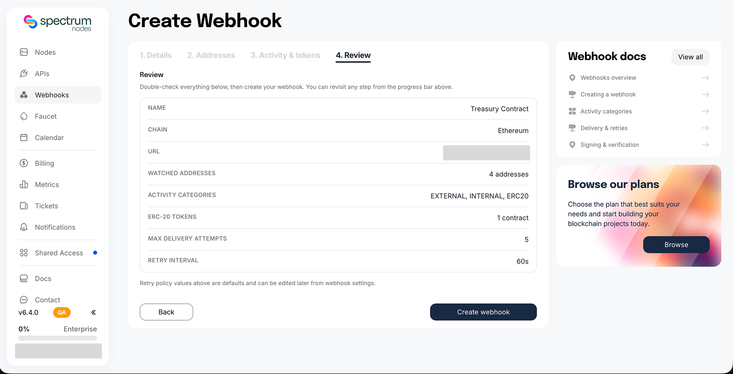 Create Webhook, Review step