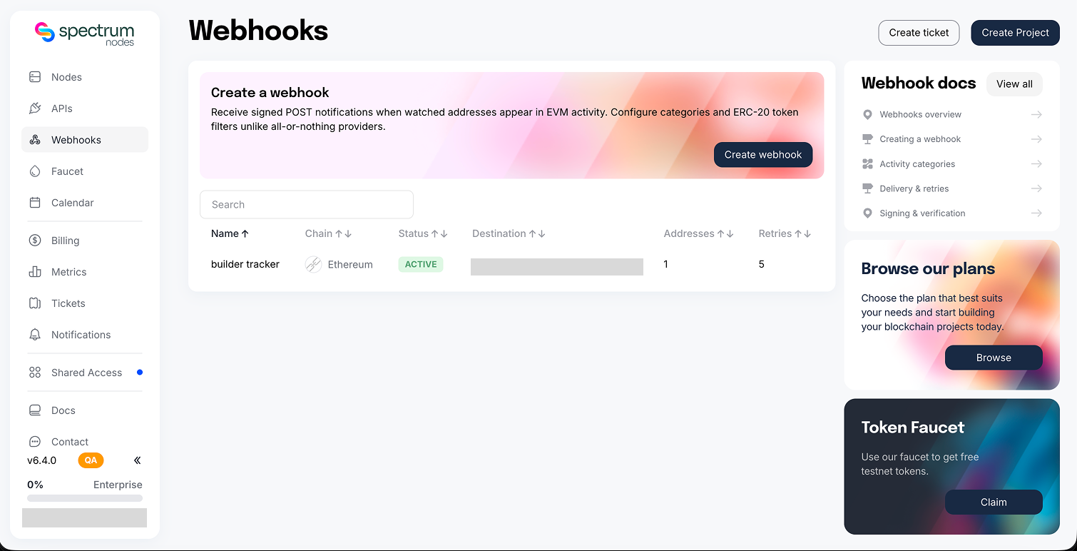 The Webhooks dashboard